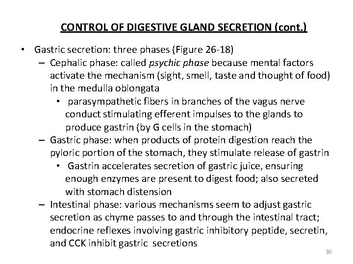 CONTROL OF DIGESTIVE GLAND SECRETION (cont. ) • Gastric secretion: three phases (Figure 26