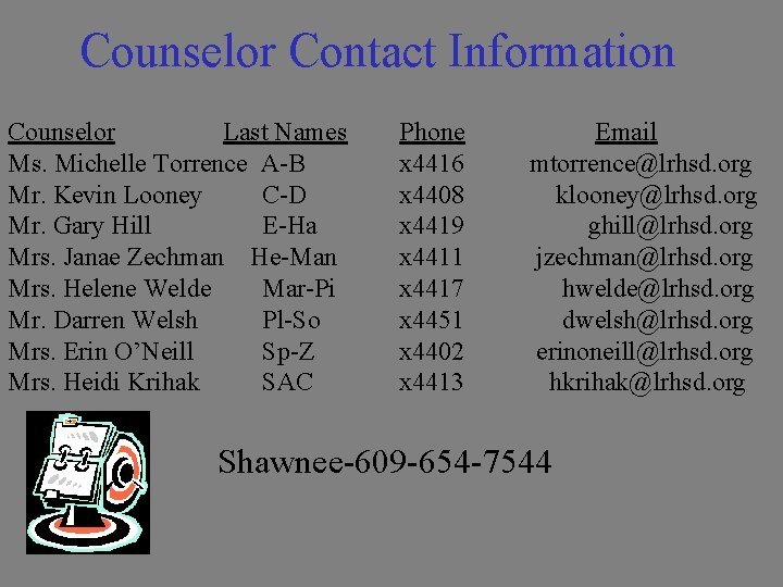 Counselor Contact Information Counselor Last Names Ms. Michelle Torrence A-B Mr. Kevin Looney C-D