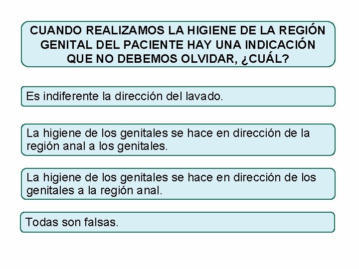 CUANDO REALIZAMOS LA HIGIENE DE LA REGIÓN GENITAL DEL PACIENTE HAY UNA INDICACIÓN QUE