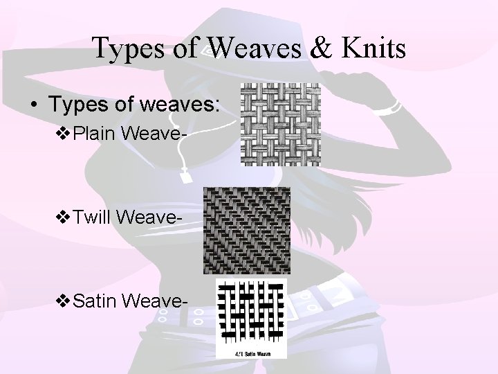 Types of Weaves & Knits • Types of weaves: v. Plain Weave- v. Twill