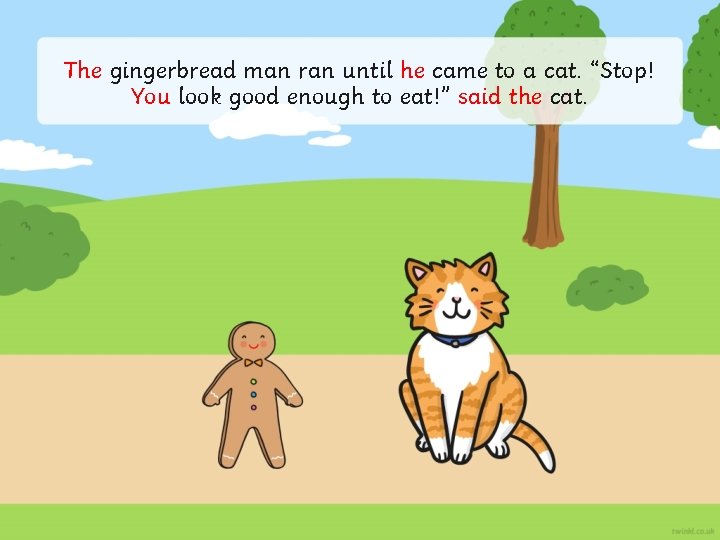 The gingerbread man ran until he came to a cat. “Stop! You look good