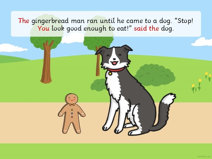 The gingerbread man ran until he came to a dog. “Stop! You look good