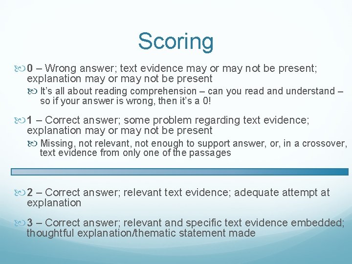 Scoring 0 – Wrong answer; text evidence may or may not be present; explanation