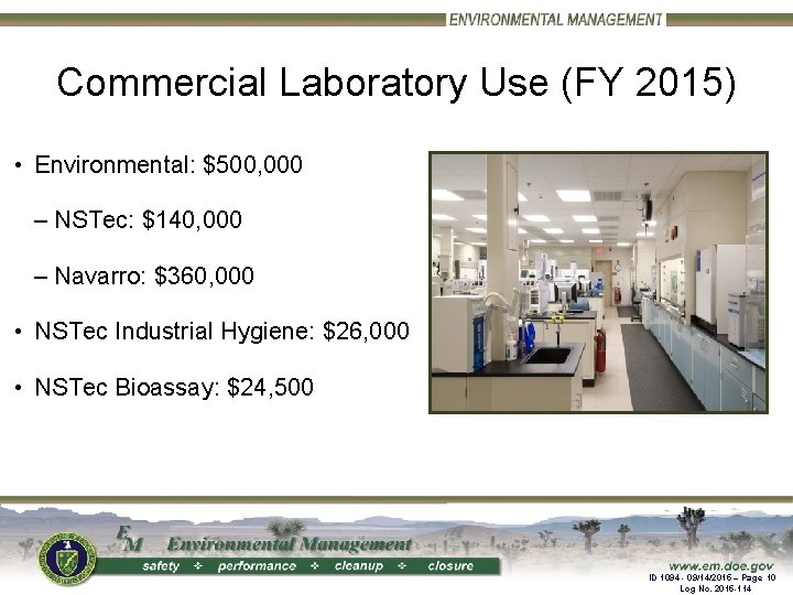 Commercial Laboratory Use (FY 2015) • Environmental: $500, 000 – NSTec: $140, 000 –