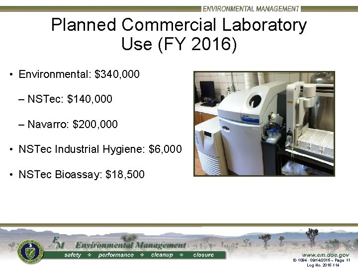 Planned Commercial Laboratory Use (FY 2016) • Environmental: $340, 000 – NSTec: $140, 000