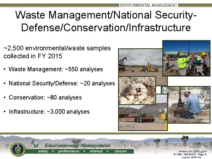 Waste Management/National Security. Defense/Conservation/Infrastructure ~2, 500 environmental/waste samples collected in FY 2015 • Waste