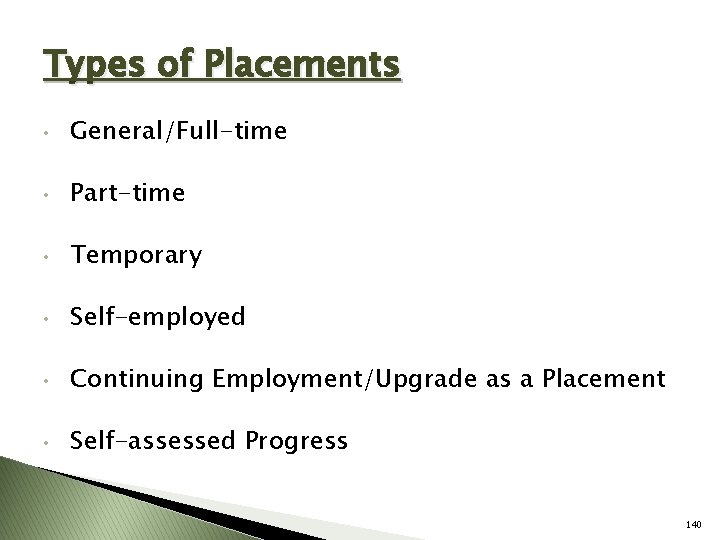 Types of Placements • General/Full-time • Part-time • Temporary • Self-employed • Continuing Employment/Upgrade