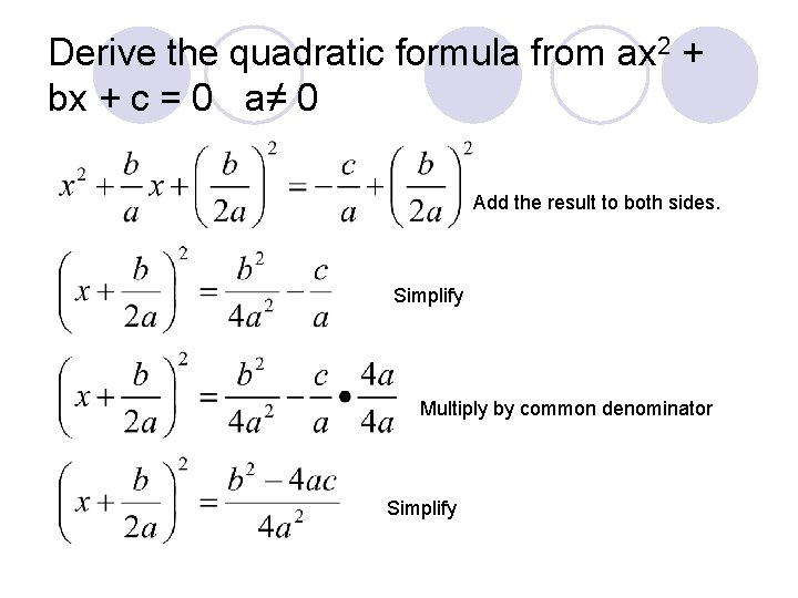 Derive the quadratic formula from ax 2 + bx + c = 0 a≠