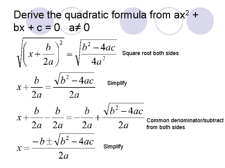 Derive the quadratic formula from ax 2 + bx + c = 0 a≠