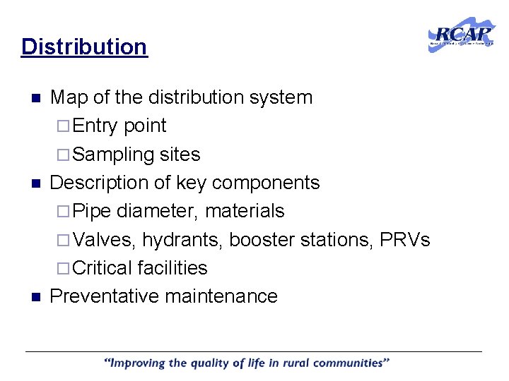Distribution n Map of the distribution system ¨ Entry point ¨ Sampling sites Description Distribution n Map of the distribution system ¨ Entry point ¨ Sampling sites Description