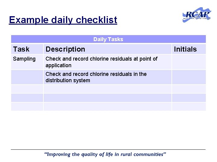 Example daily checklist Daily Tasks Task Description Sampling Check and record chlorine residuals at Example daily checklist Daily Tasks Task Description Sampling Check and record chlorine residuals at