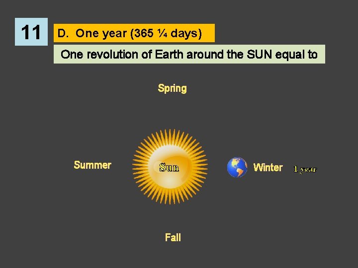 11 D. One year (365 ¼ days) One revolution of Earth around the SUN