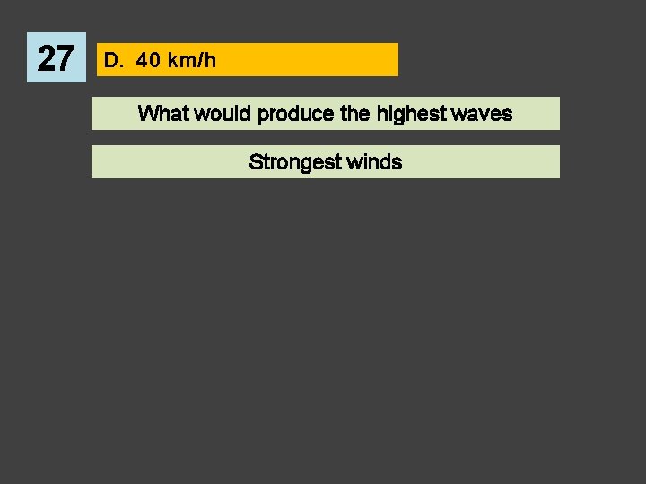 27 D. 40 km/h What would produce the highest waves Strongest winds 
