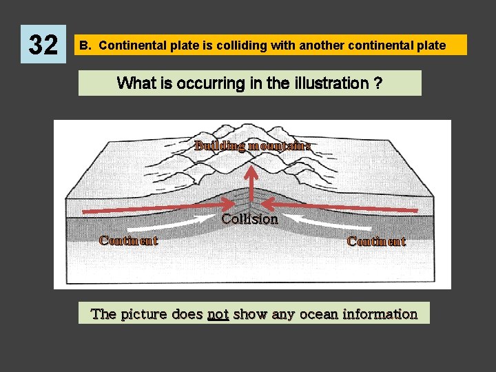 32 B. Continental plate is colliding with another continental plate What is occurring in