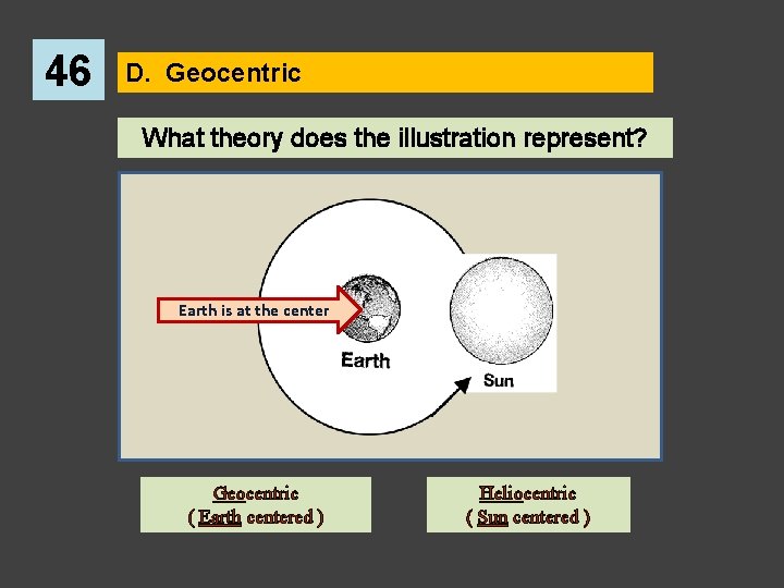 46 D. Geocentric What theory does the illustration represent? Earth is at the center
