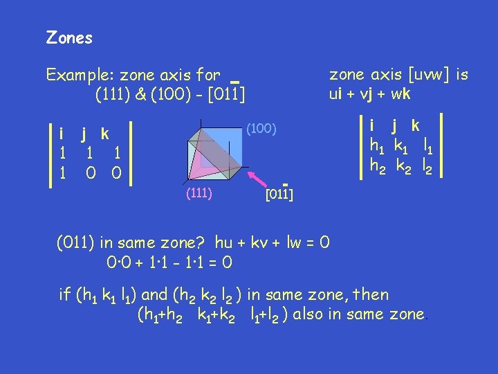 Zones zone axis [uvw] is ui + vj + wk Example: zone axis for