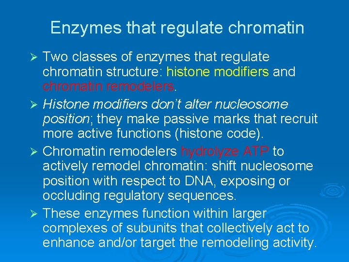 Enzymes that regulate chromatin Two classes of enzymes that regulate chromatin structure: histone modifiers