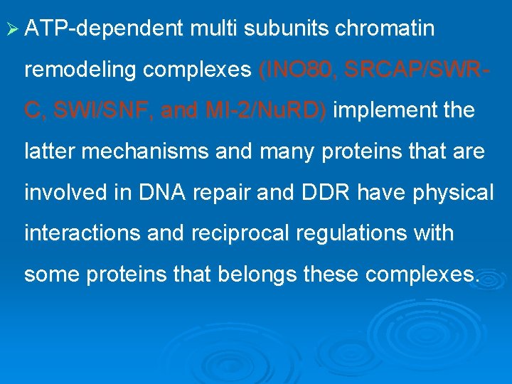 Ø ATP-dependent multi subunits chromatin remodeling complexes (INO 80, SRCAP/SWRC, SWI/SNF, and MI-2/Nu. RD)