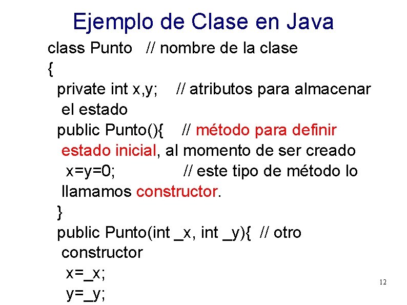 Ejemplo de Clase en Java class Punto // nombre de la clase { private