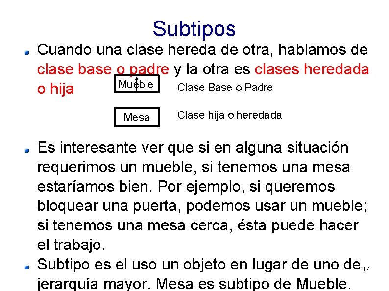 Subtipos Cuando una clase hereda de otra, hablamos de clase base o padre y