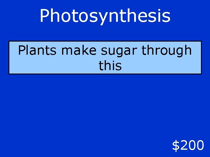 Photosynthesis Plants make sugar through this $200 