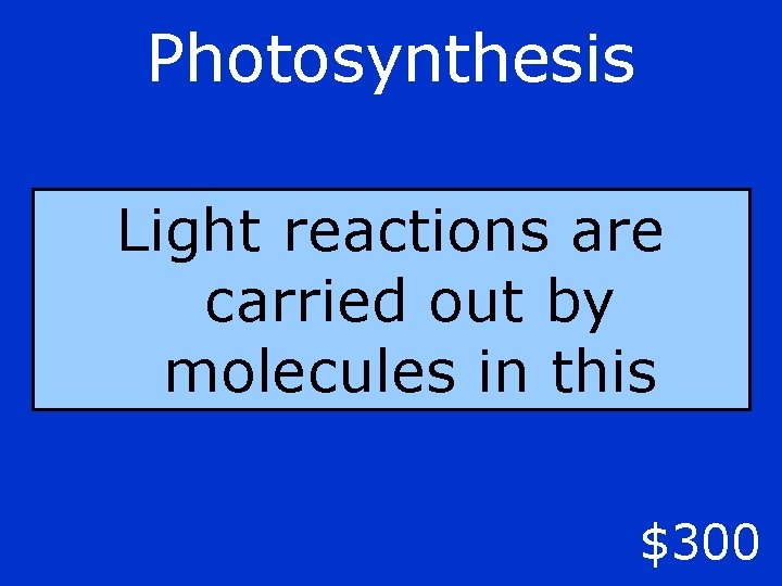 Photosynthesis Light reactions are carried out by molecules in this $300 