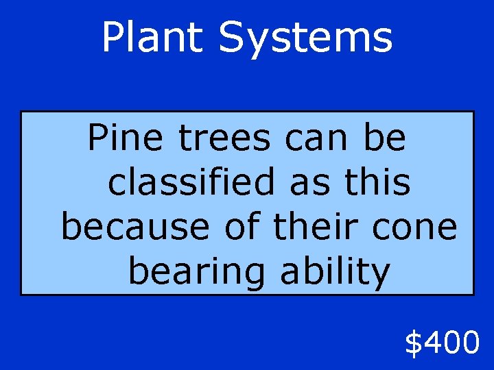 Plant Systems Pine trees can be classified as this because of their cone bearing