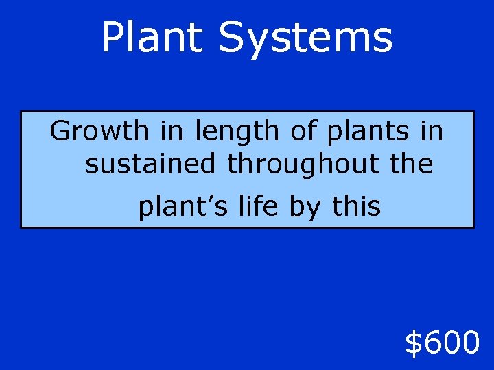 Plant Systems Growth in length of plants in sustained throughout the plant’s life by
