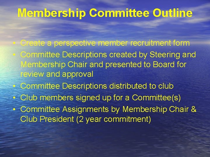 Membership Committee Outline • Create a perspective member recruitment form • Committee Descriptions created