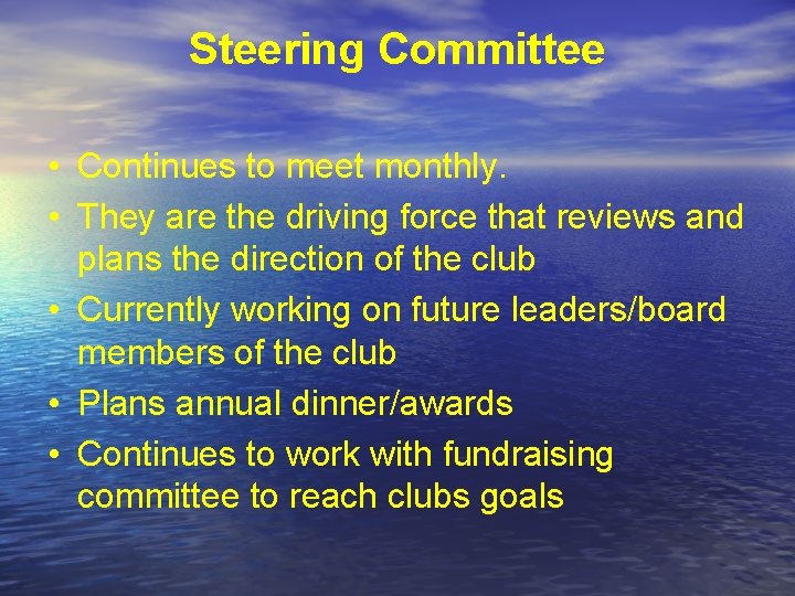 Steering Committee • Continues to meet monthly. • They are the driving force that