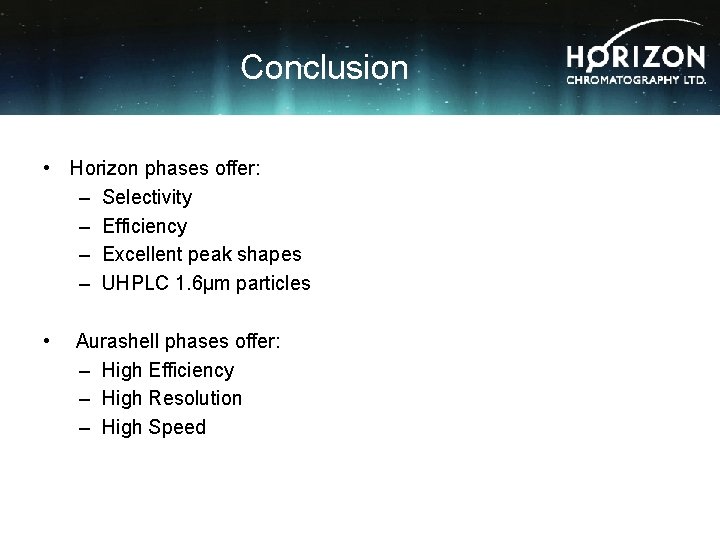 Conclusion • Horizon phases offer: – Selectivity – Efficiency – Excellent peak shapes –