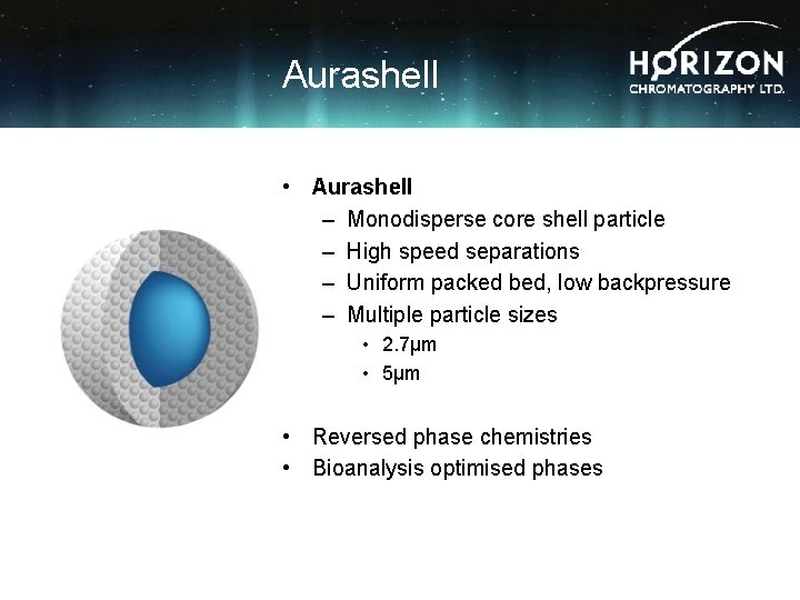 Aurashell • Aurashell – Monodisperse core shell particle – High speed separations – Uniform
