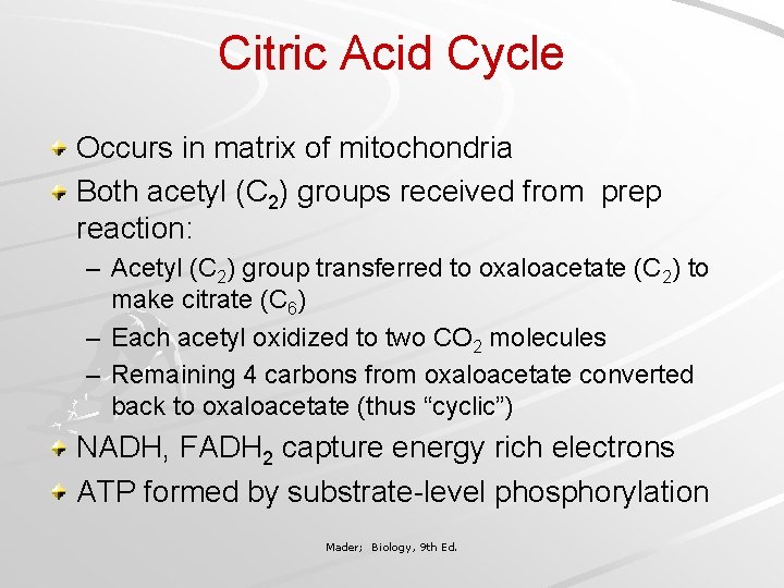 Citric Acid Cycle Occurs in matrix of mitochondria Both acetyl (C 2) groups received