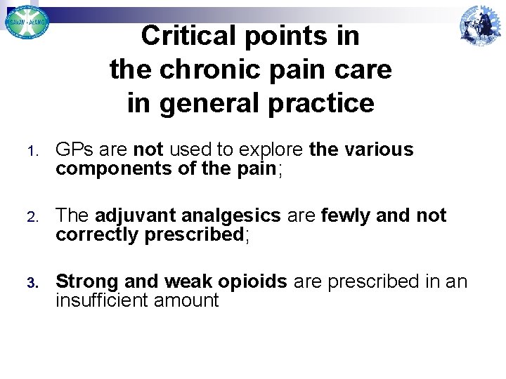 Critical points in the chronic pain care in general practice 1. GPs are not