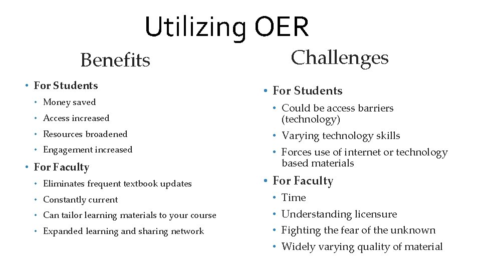 Utilizing OER Benefits • For Students • Money saved Challenges • For Students •