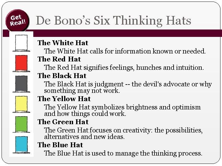 De Bono’s Six Thinking Hats The White Hat calls for information known or needed.