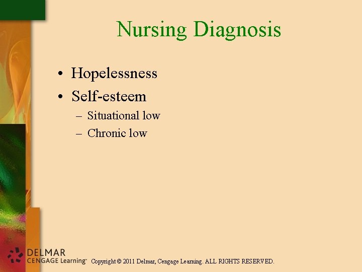 Nursing Diagnosis • Hopelessness • Self-esteem – Situational low – Chronic low Copyright ©