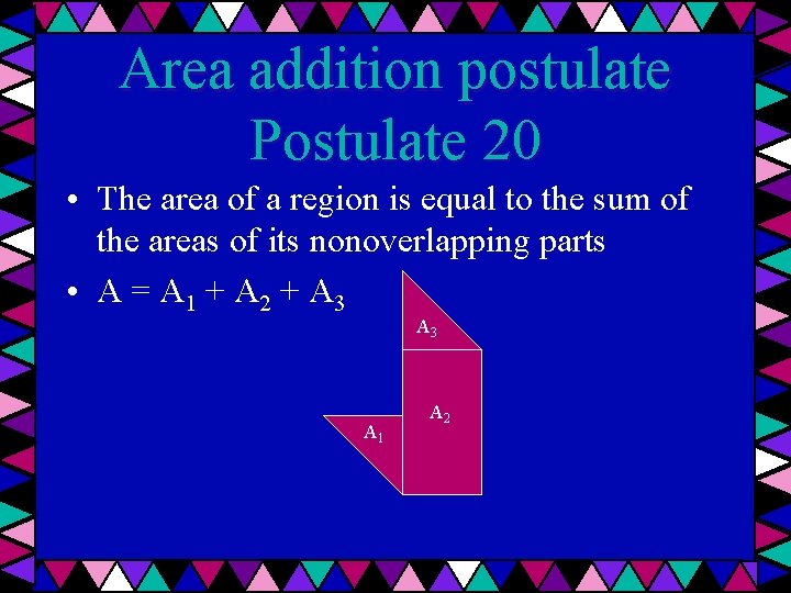 Area addition postulate Postulate 20 • The area of a region is equal to