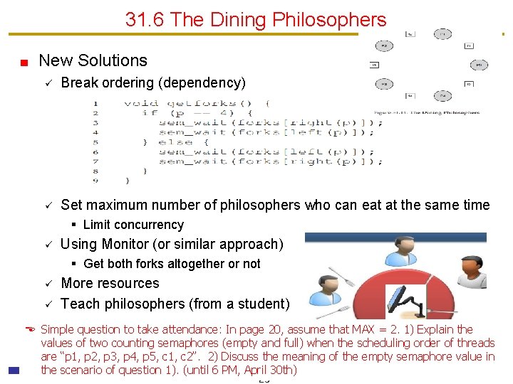 31. 6 The Dining Philosophers New Solutions ü Break ordering (dependency) ü Set maximum