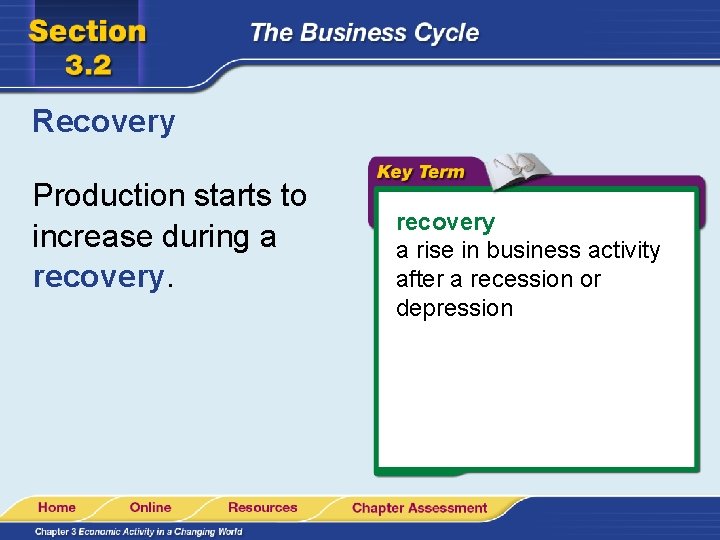 Recovery Production starts to increase during a recovery a rise in business activity after
