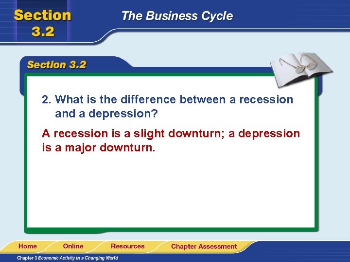 2. What is the difference between a recession and a depression? A recession is