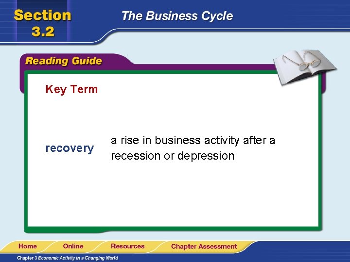 Key Term recovery a rise in business activity after a recession or depression 