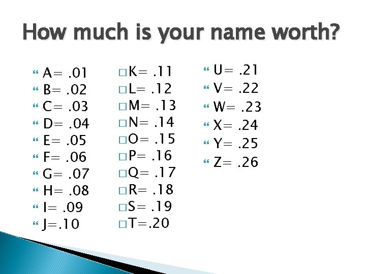 How much is your name worth? A=. 01 B=. 02 C=. 03 D=. 04