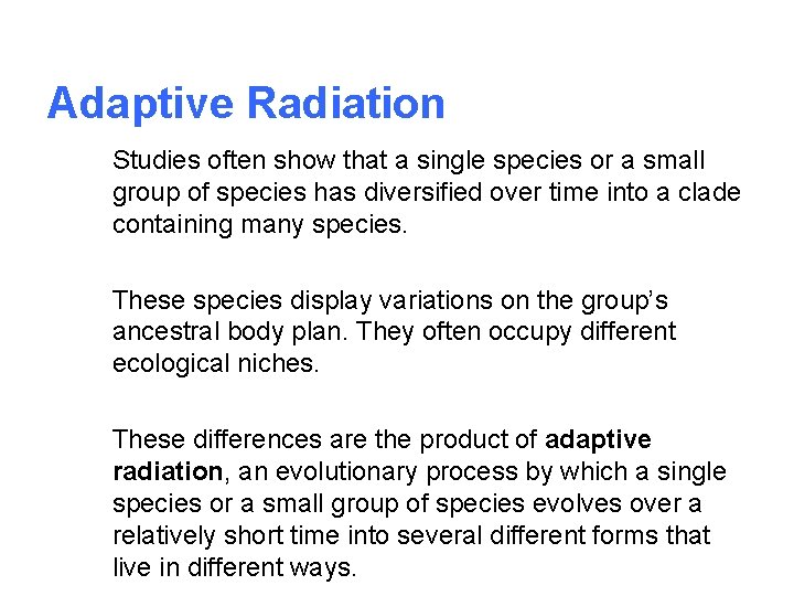 Adaptive Radiation Studies often show that a single species or a small group of