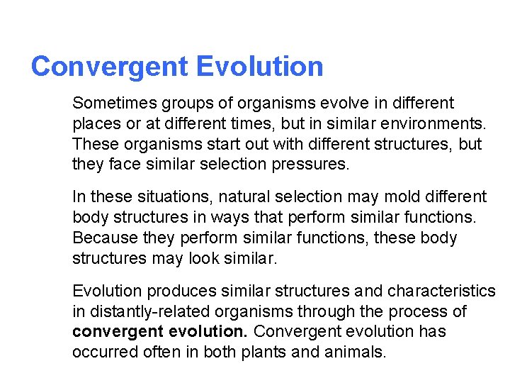 Convergent Evolution Sometimes groups of organisms evolve in different places or at different times,