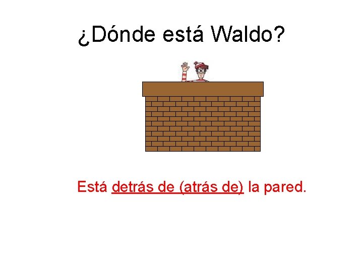 ¿Dónde está Waldo? Está detrás de (atrás de) la pared. 