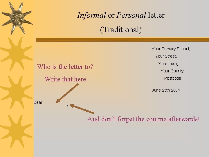 Informal or Personal letter (Traditional) Your Primary School, Your Street, Who is the letter Informal or Personal letter (Traditional) Your Primary School, Your Street, Who is the letter