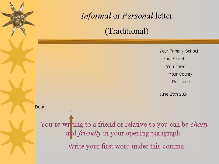 Informal or Personal letter (Traditional) Your Primary School, Your Street, Your town, Your County Informal or Personal letter (Traditional) Your Primary School, Your Street, Your town, Your County