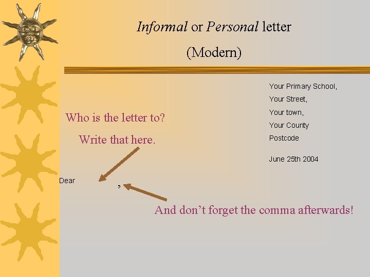 Informal or Personal letter (Modern) Your Primary School, Your Street, Who is the letter Informal or Personal letter (Modern) Your Primary School, Your Street, Who is the letter
