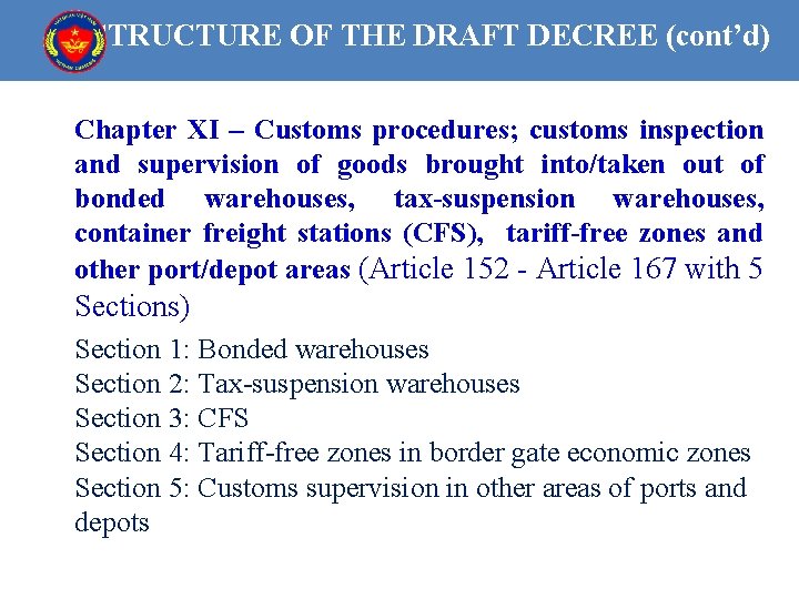 STRUCTURE OF THE DRAFT DECREE (cont’d) Chapter XI – Customs procedures; customs inspection and